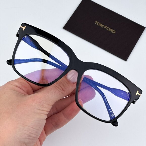 Tom Ford FT5768-B 001 BRAND NEW Eyeglasses Shiny Black Blue Block Square Women